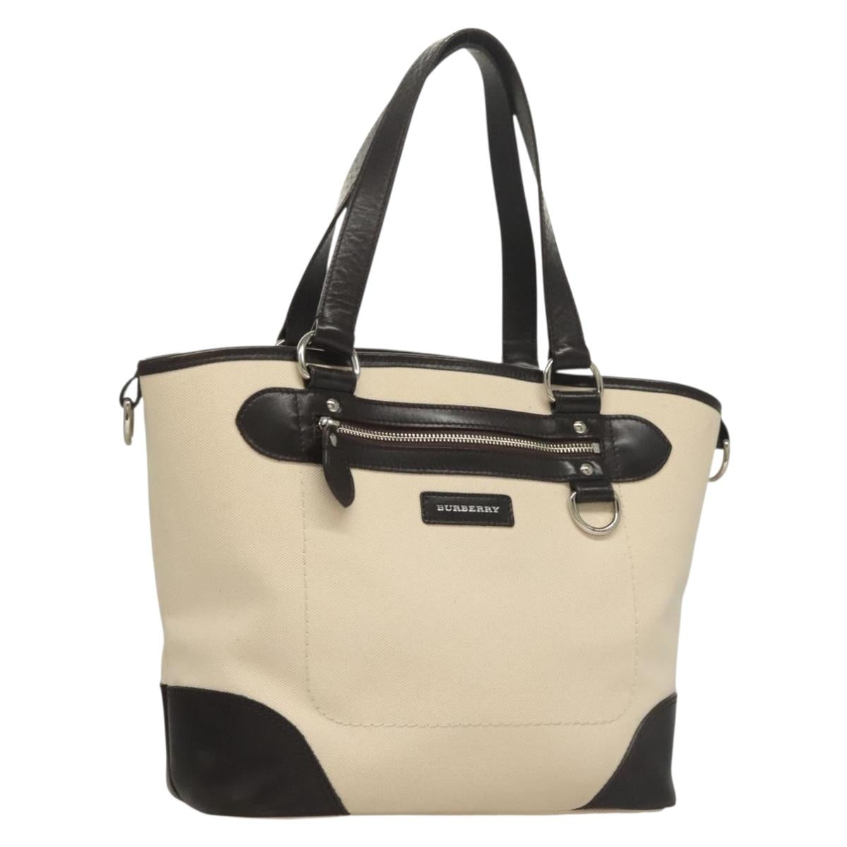 BURBERRY Tote Bag Canvas Leather White Silver Auth bs28323