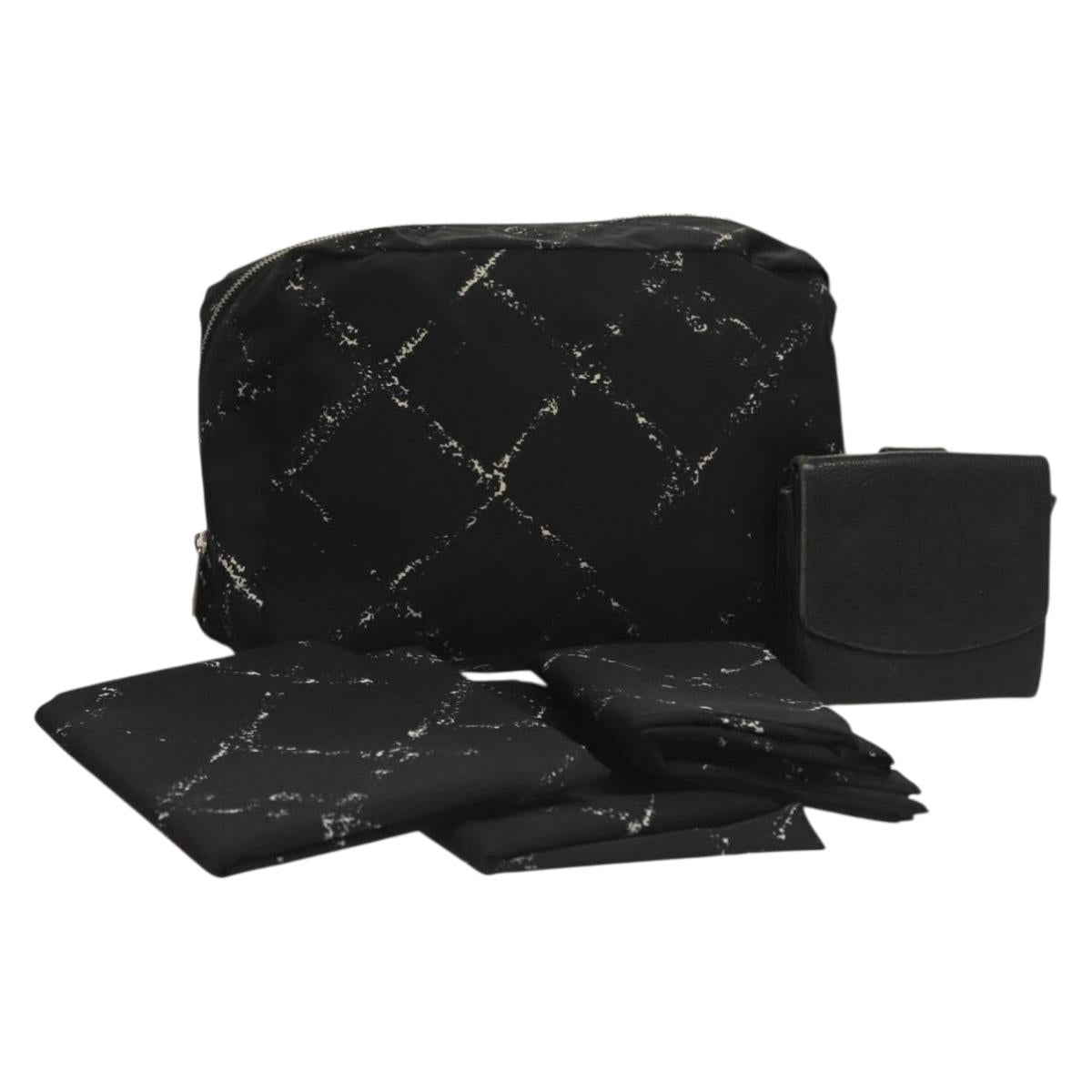 CHANEL Pouch Nylon Caviar Skin 2 Set Black Silver CC Auth bs28342