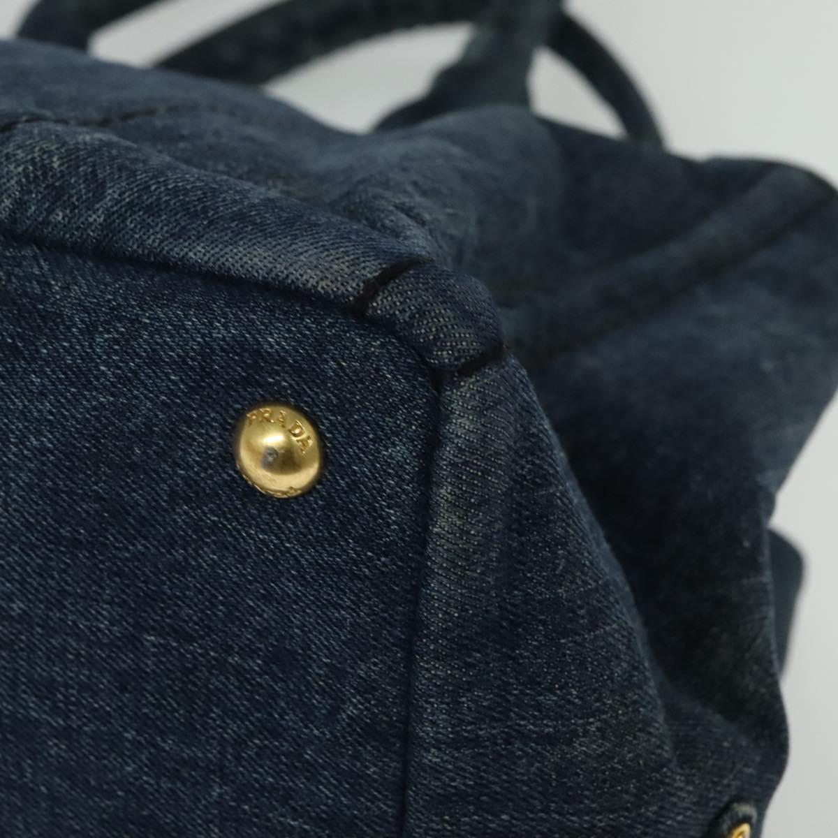 PRADA Canapa MM Hand Bag Denim Blue Gold Auth bs28391