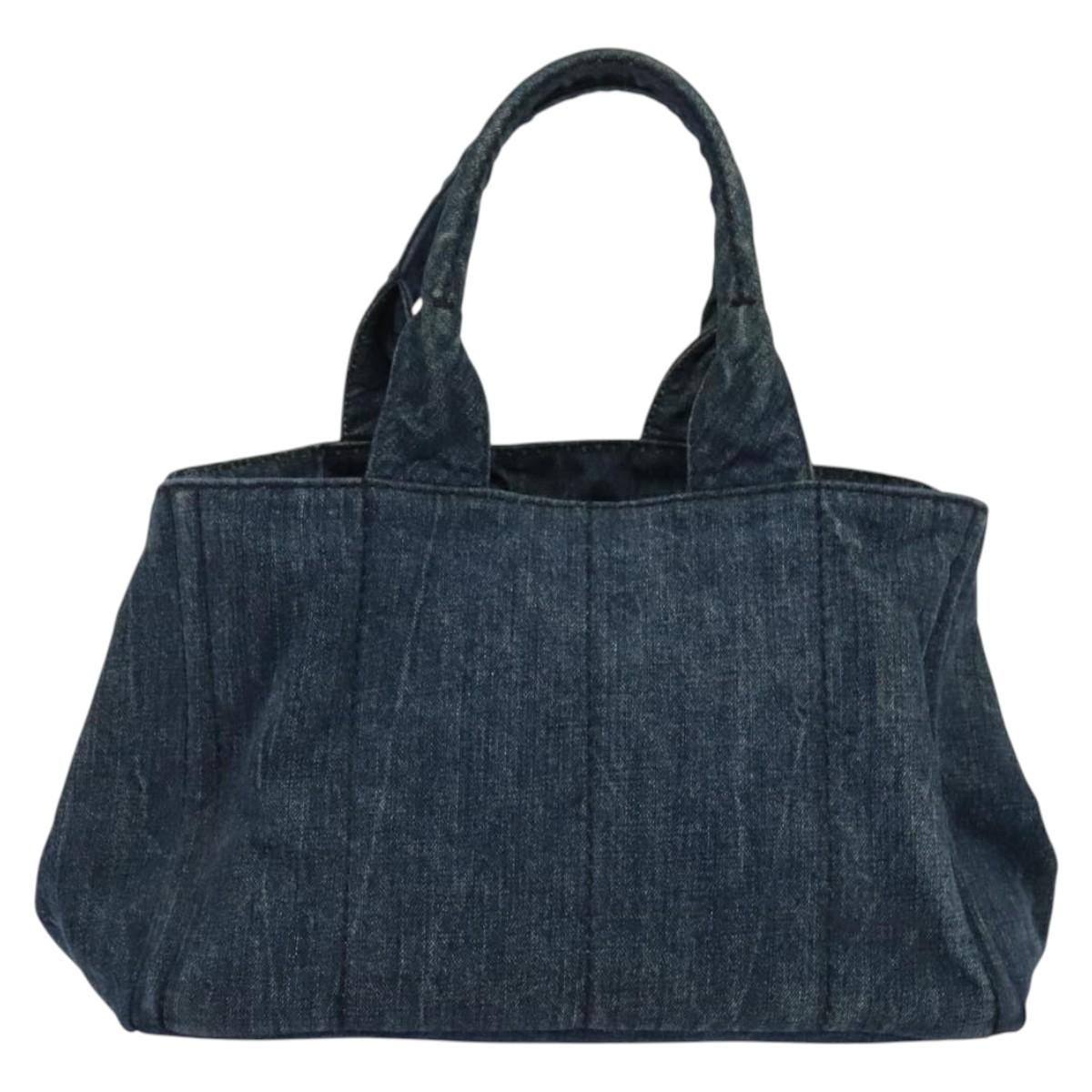 PRADA Canapa MM Hand Bag Denim Blue Gold Auth bs28391