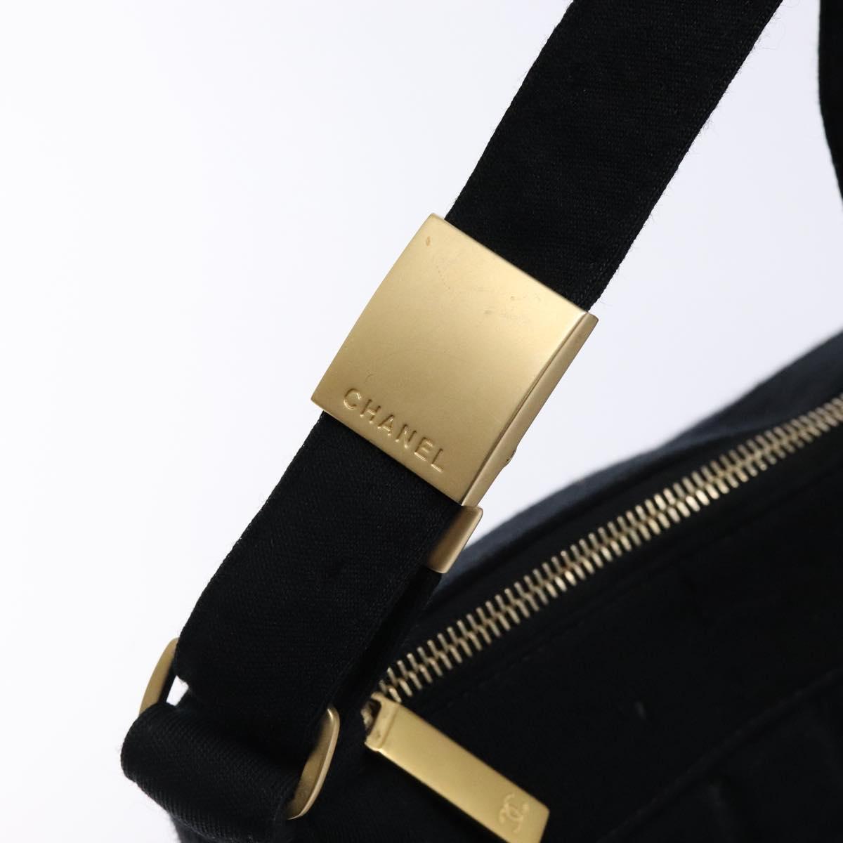 CHANEL Choco Bar Shoulder Bag Cotton Black Gold CC Auth bs28407