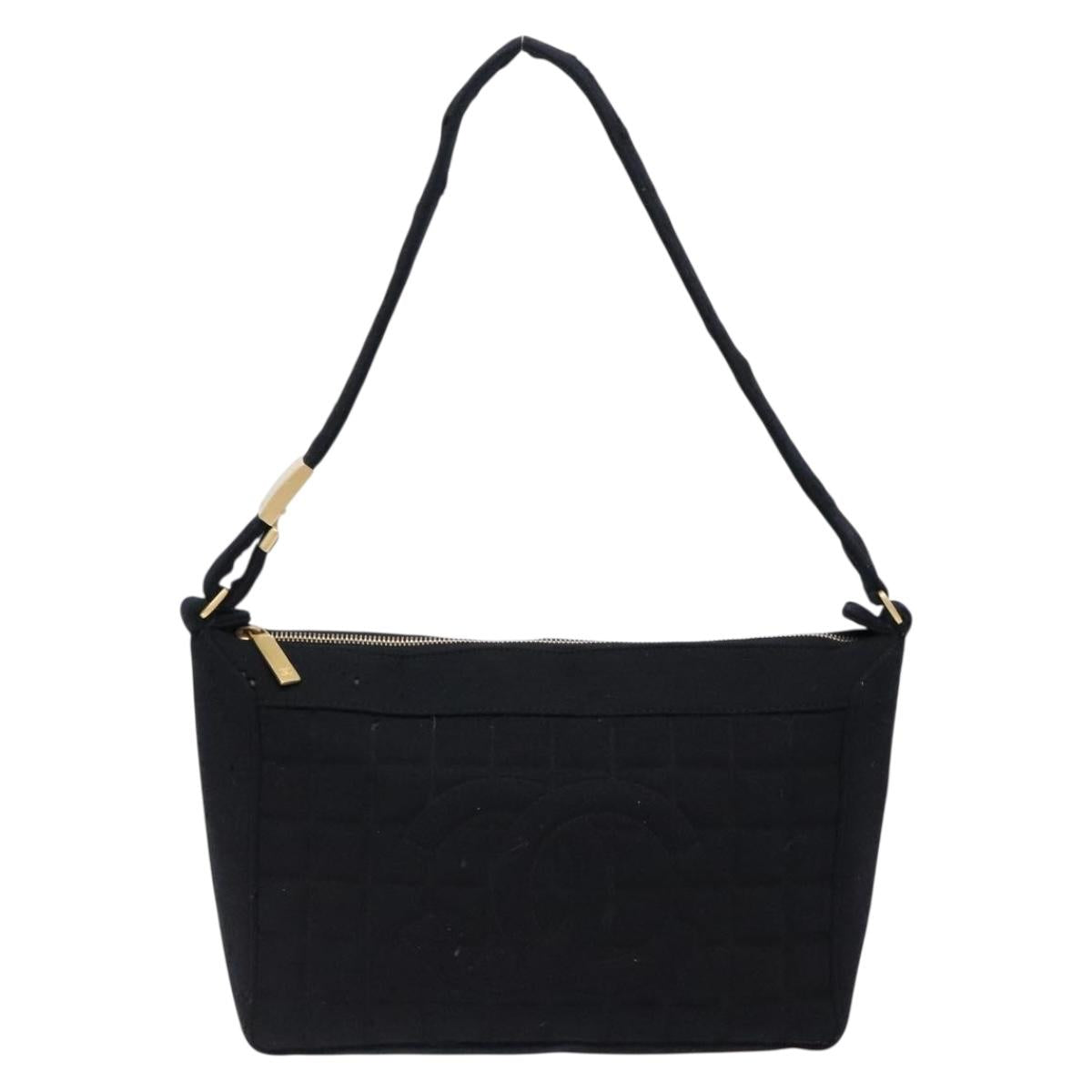 CHANEL Choco Bar Shoulder Bag Cotton Black Gold CC Auth bs28407