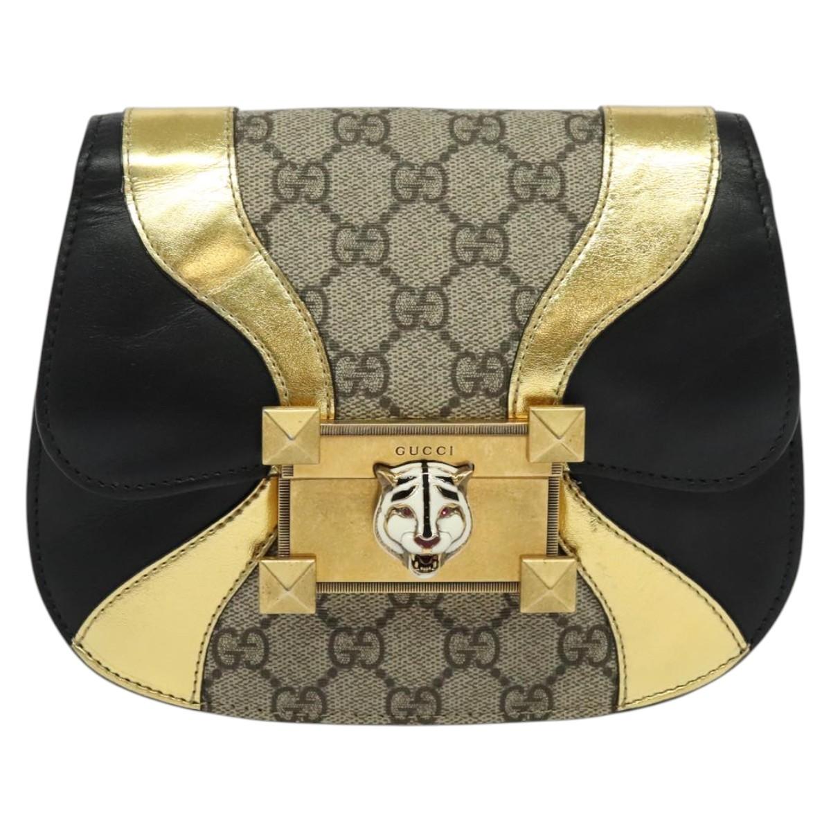 GUCCI GG Supreme Ojiride Bag Leather PVC Leather Beige Black 500781 Auth bs28443