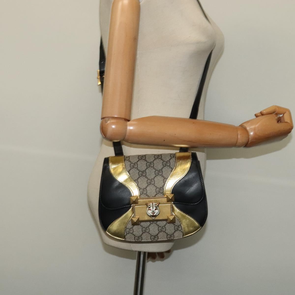 GUCCI GG Supreme Ojiride Bag Leather PVC Leather Beige Black 500781 Auth bs28443
