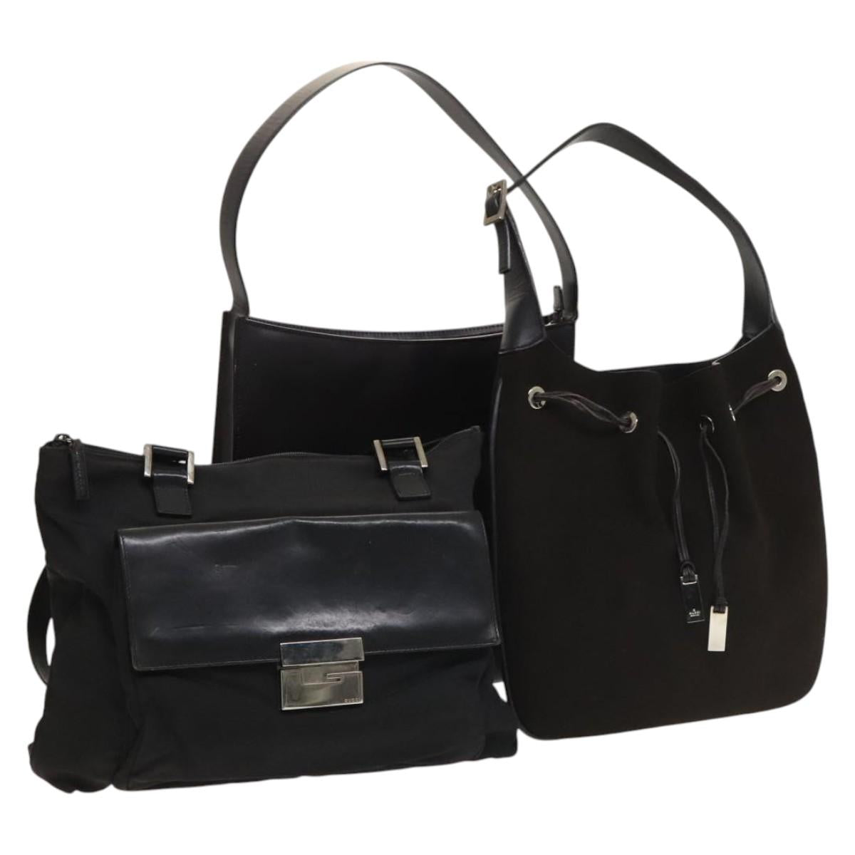 GUCCI Shoulder Bag Leather Canvas Suede 3Set Black Silver Auth bs28447