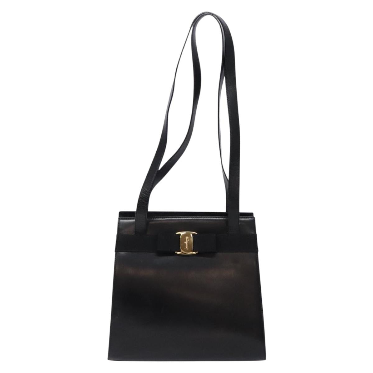Salvatore Ferragamo Vala Shoulder Bag Leather Black Gold Auth bs28484