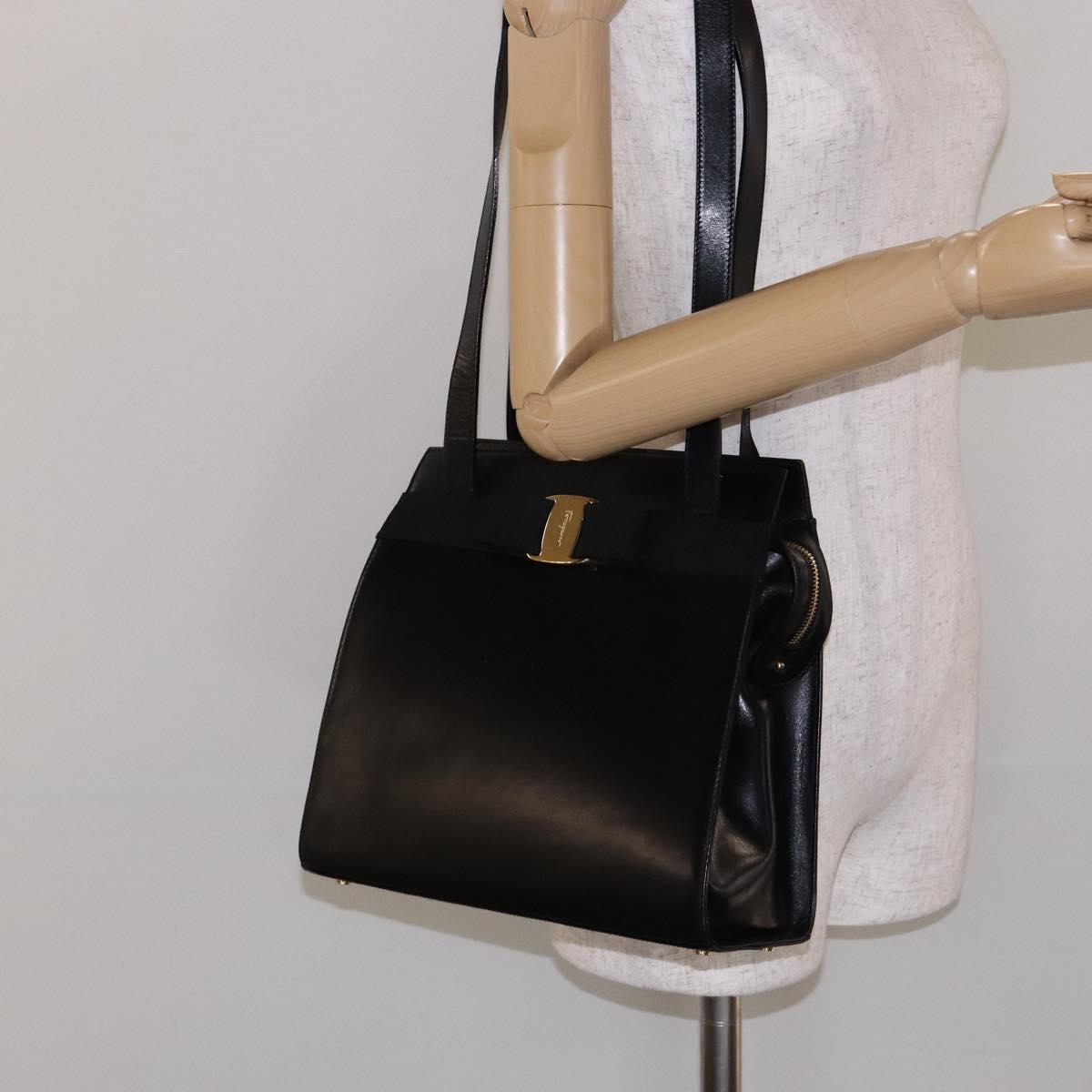 Salvatore Ferragamo Vala Shoulder Bag Leather Black Gold Auth bs28484