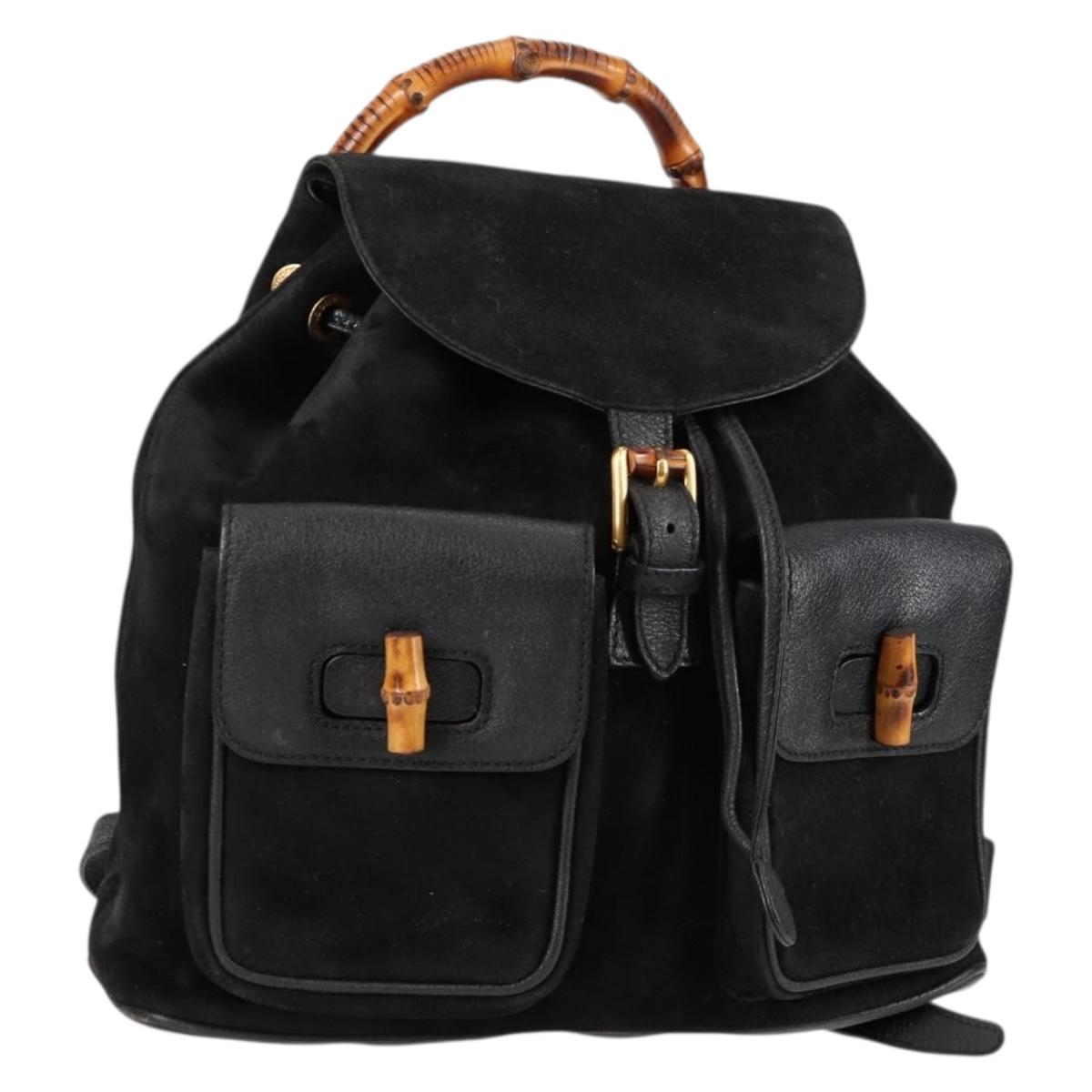 GUCCI Bamboo Backpack Suede Leather Black Gold 003 2058 0016 Auth bs28493