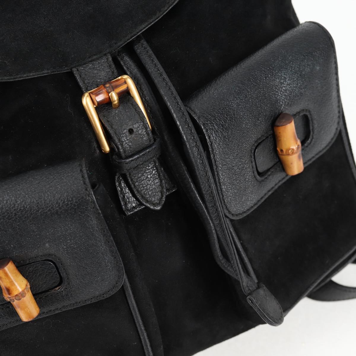 GUCCI Bamboo Backpack Suede Leather Black Gold 003 2058 0016 Auth bs28493