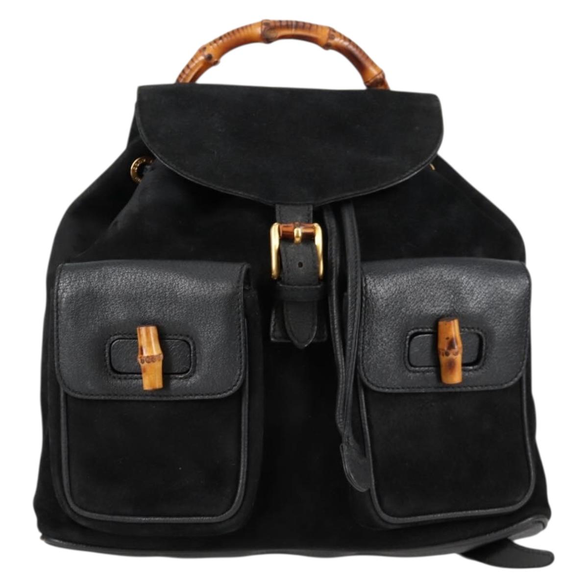 GUCCI Bamboo Backpack Suede Leather Black Gold 003 2058 0016 Auth bs28493