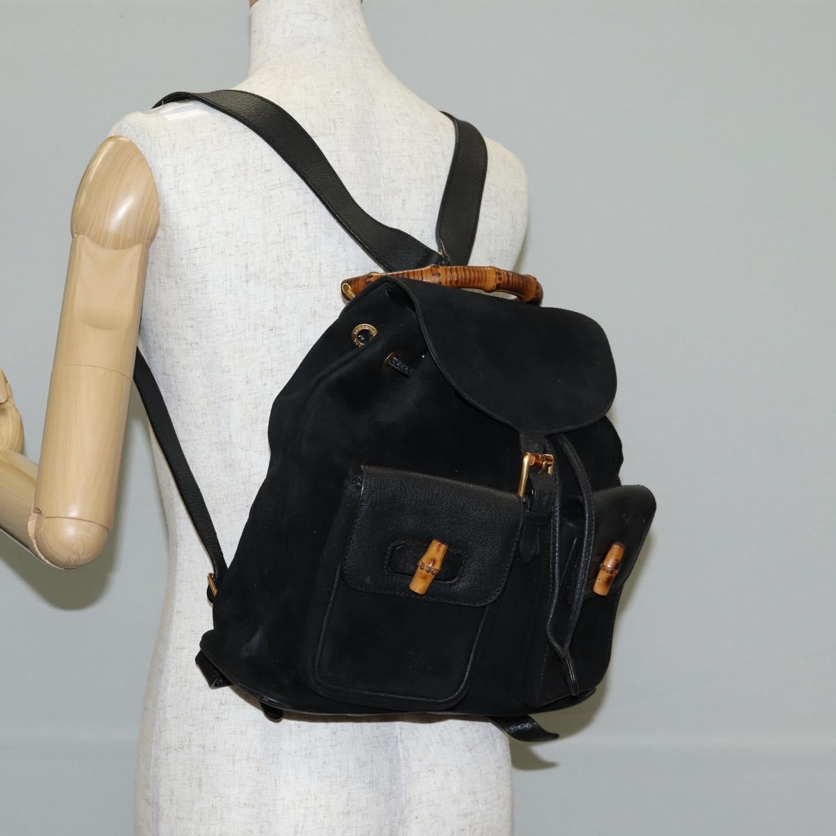 GUCCI Bamboo Backpack Suede Leather Black Gold 003 2058 0016 Auth bs28493