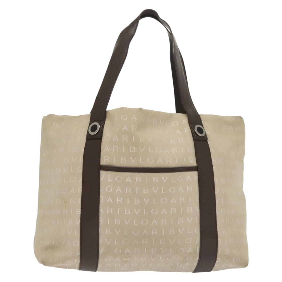 BVLGARI Logo Mania Hand Bag Canvas Beige Silver Auth bs28544