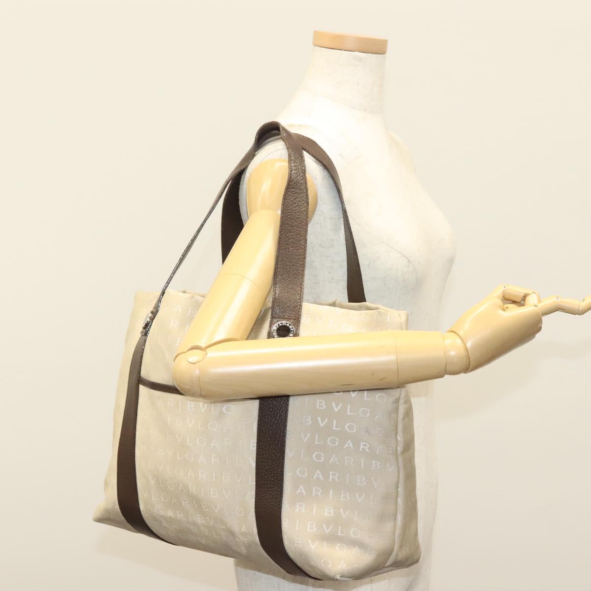 BVLGARI Logo Mania Hand Bag Canvas Beige Silver Auth bs28544