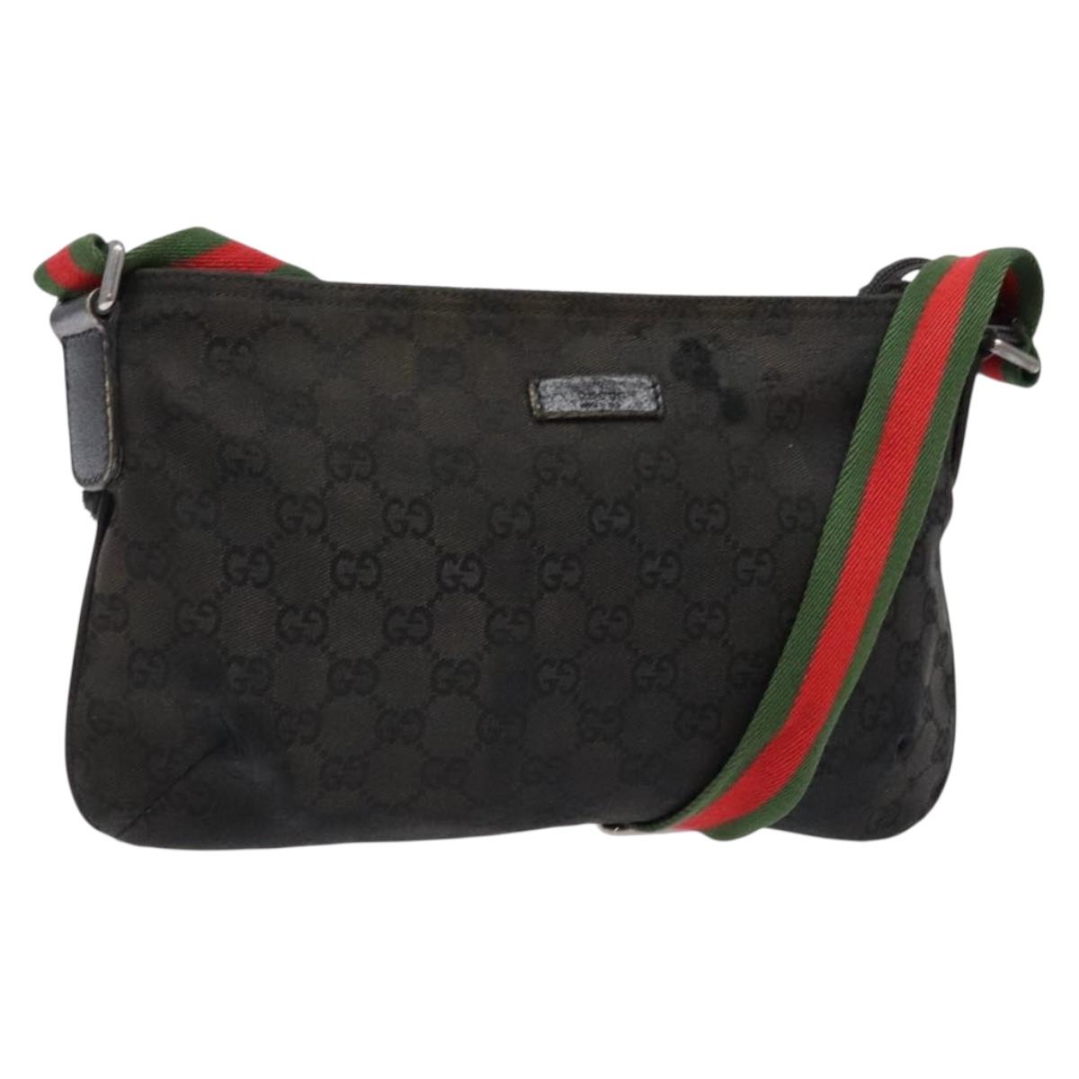 GUCCI GG Canvas Web Sherry Line Shoulder Bag Black Silver 189749 Auth bs28637