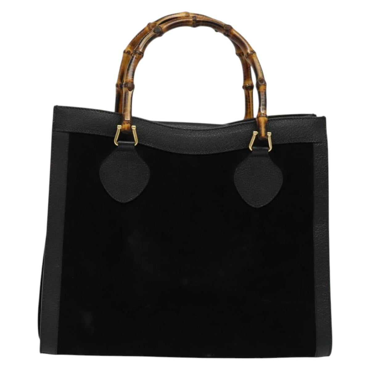 GUCCI Bamboo Hand Bag Suede Leather Black Gold 002 1186 0260 Auth bs28646