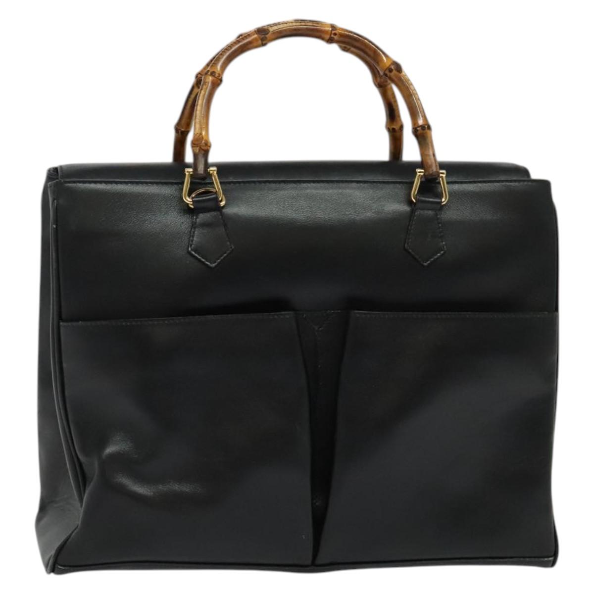 GUCCI Bamboo Hand Bag Leather 2way Black Gold 002 2855 0322 0 Auth bs28647