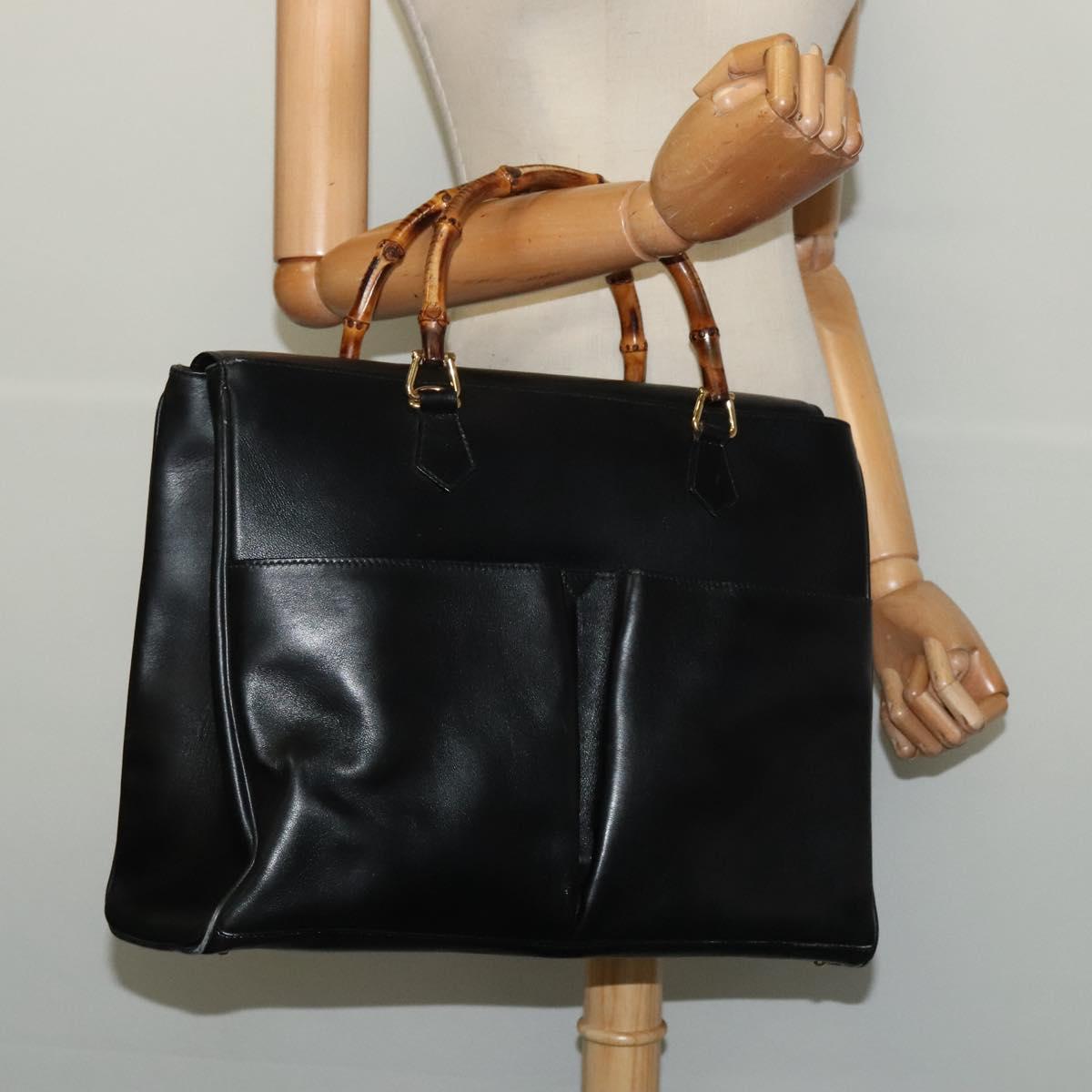 GUCCI Bamboo Hand Bag Leather 2way Black Gold 002 2855 0322 0 Auth bs28647