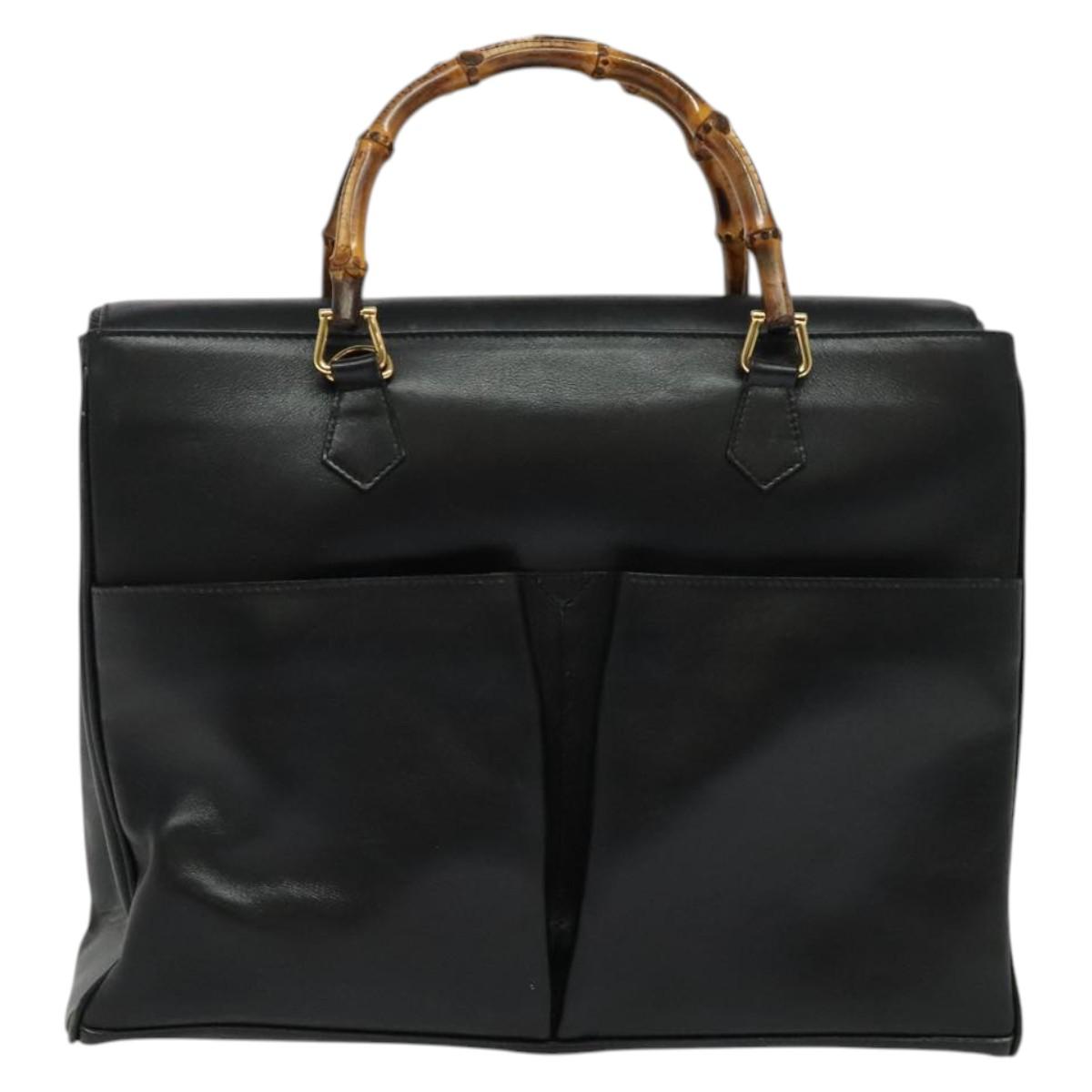 GUCCI Bamboo Hand Bag Leather 2way Black Gold 002 2855 0322 0 Auth bs28647