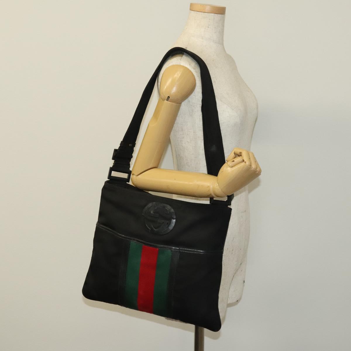 GUCCI Web Sherry Line Shoulder Bag Nylon Black Auth bs28651