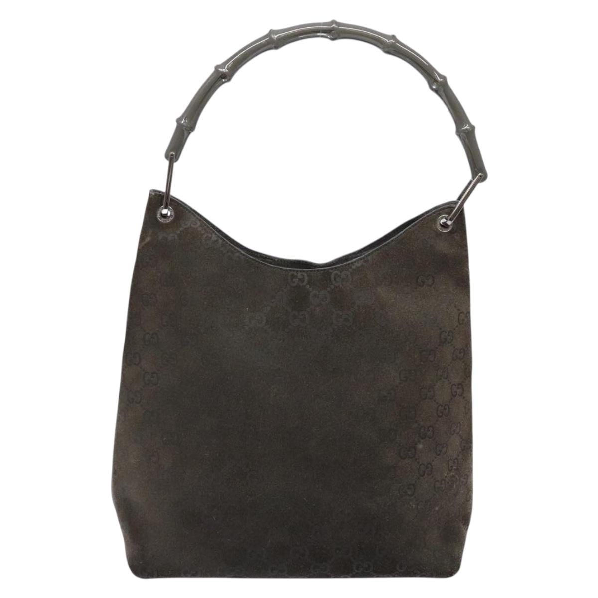 GUCCI GG Canvas Bamboo Shoulder Bag Suede Gray Silver 001 1705 3006 Auth bs28652