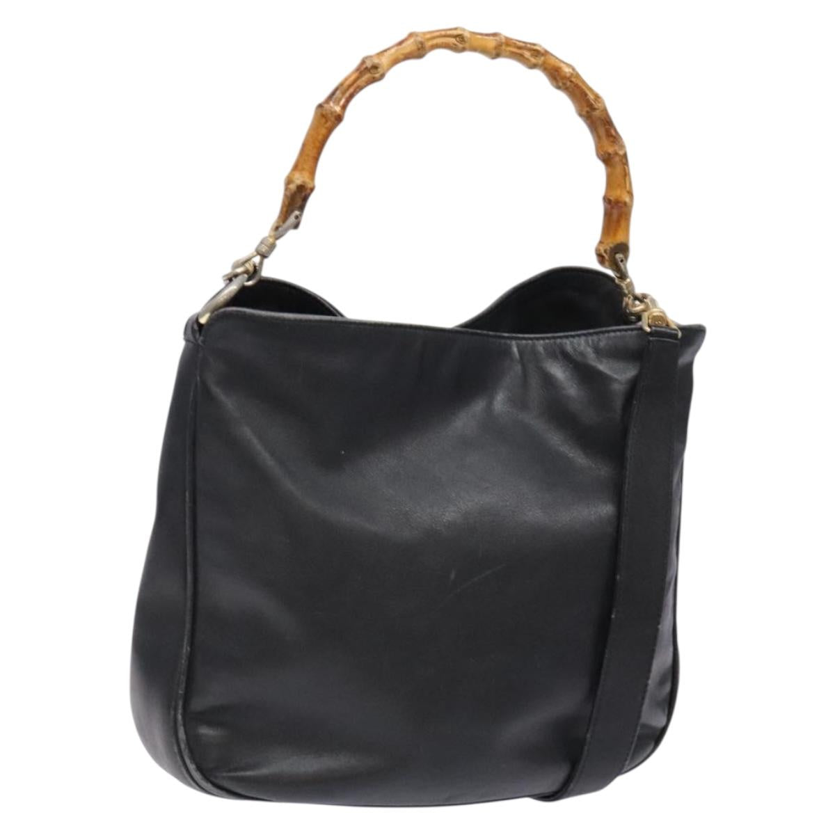 GUCCI Bamboo Hand Bag Leather 2way Black Gold 001 1781 1638 Auth bs28653