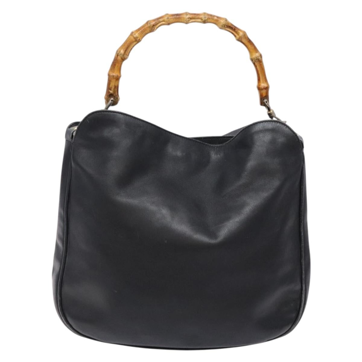 GUCCI Bamboo Hand Bag Leather 2way Black Gold 001 1781 1638 Auth bs28653