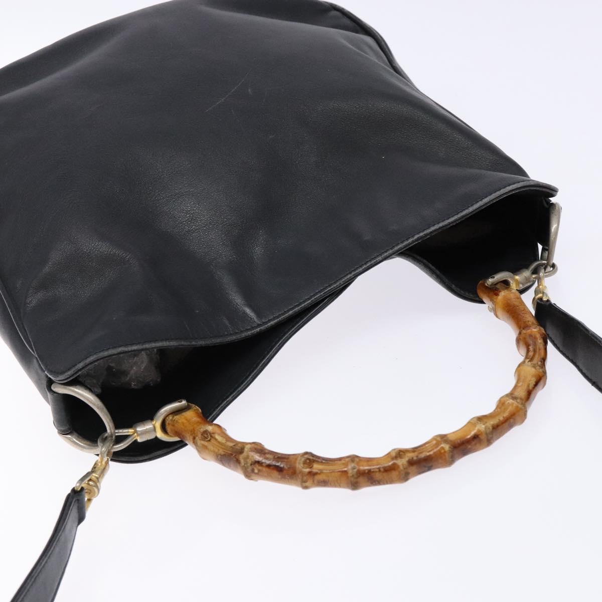 GUCCI Bamboo Hand Bag Leather 2way Black Gold 001 1781 1638 Auth bs28653