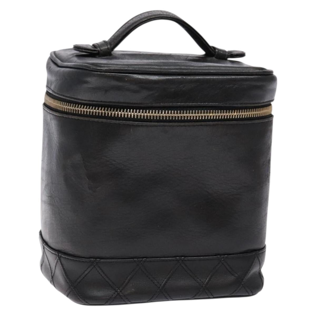 CHANEL Bicolore Vanity Hand Bag Lamb Skin Black Gold CC Auth bs28655