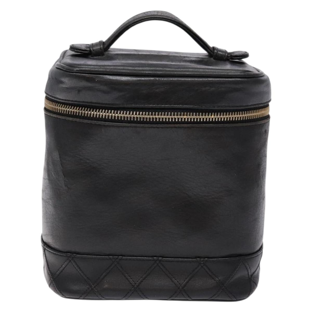 CHANEL Bicolore Vanity Hand Bag Lamb Skin Black Gold CC Auth bs28655