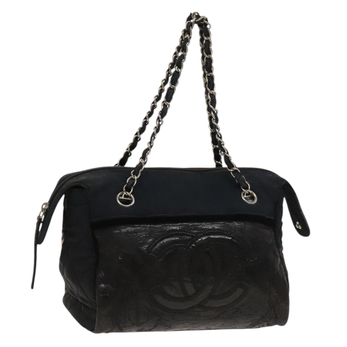CHANEL Chain Shoulder Bag Enamel Nylon Black Silver CC Auth bs28658