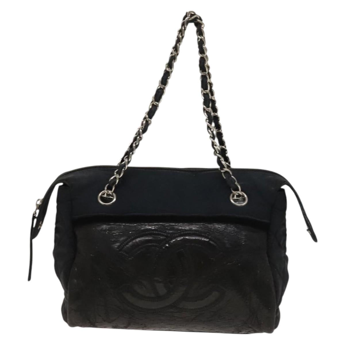 CHANEL Chain Shoulder Bag Enamel Nylon Black Silver CC Auth bs28658