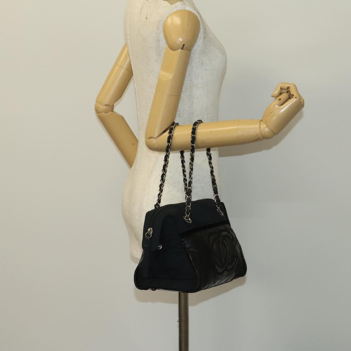 CHANEL Chain Shoulder Bag Enamel Nylon Black Silver CC Auth bs28658