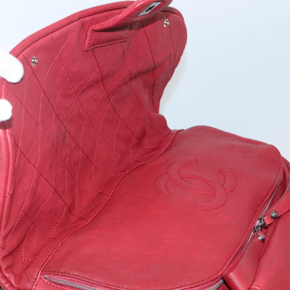 CHANEL Boston Bag Lamb Skin Red CC Auth bs28667