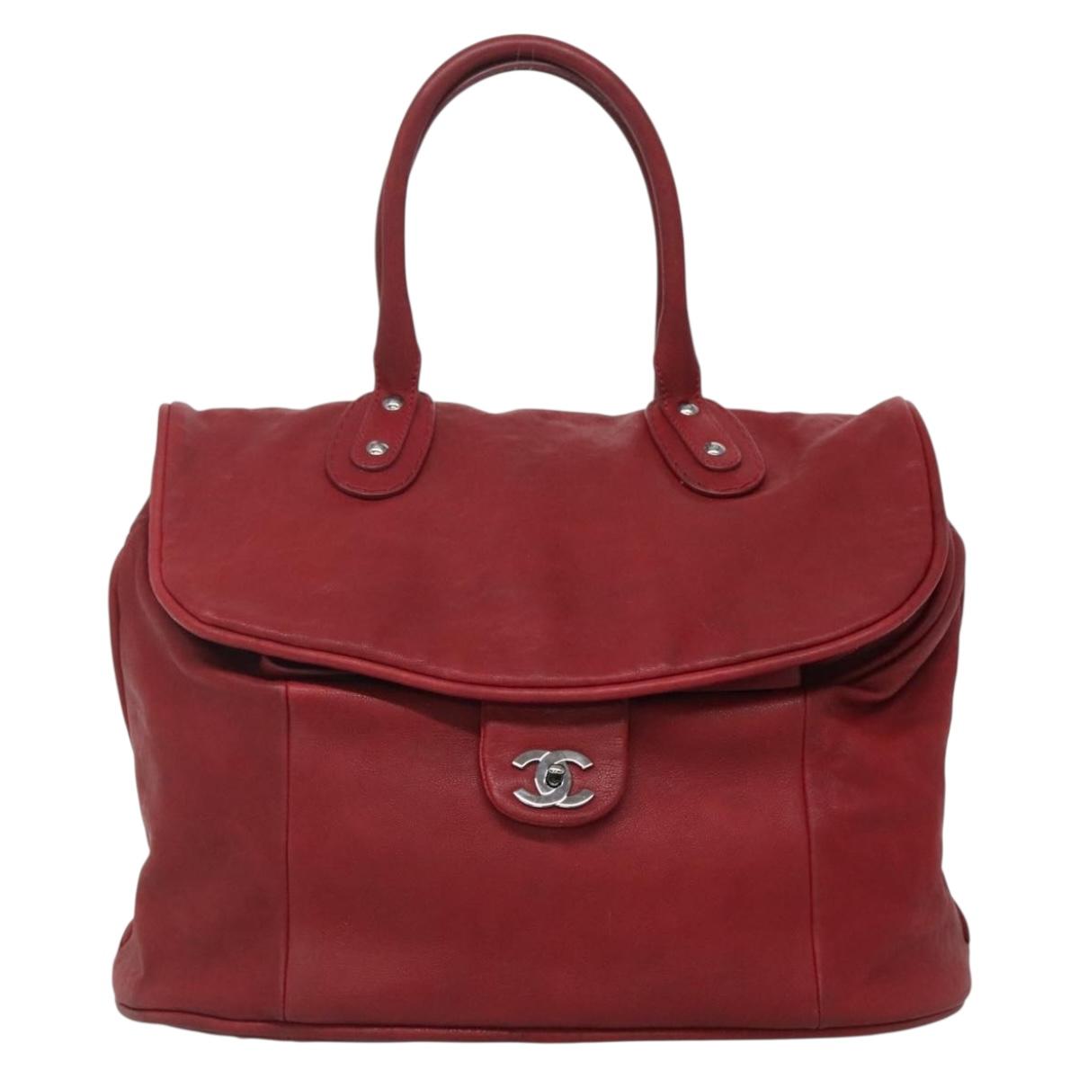 CHANEL Boston Bag Lamb Skin Red CC Auth bs28667