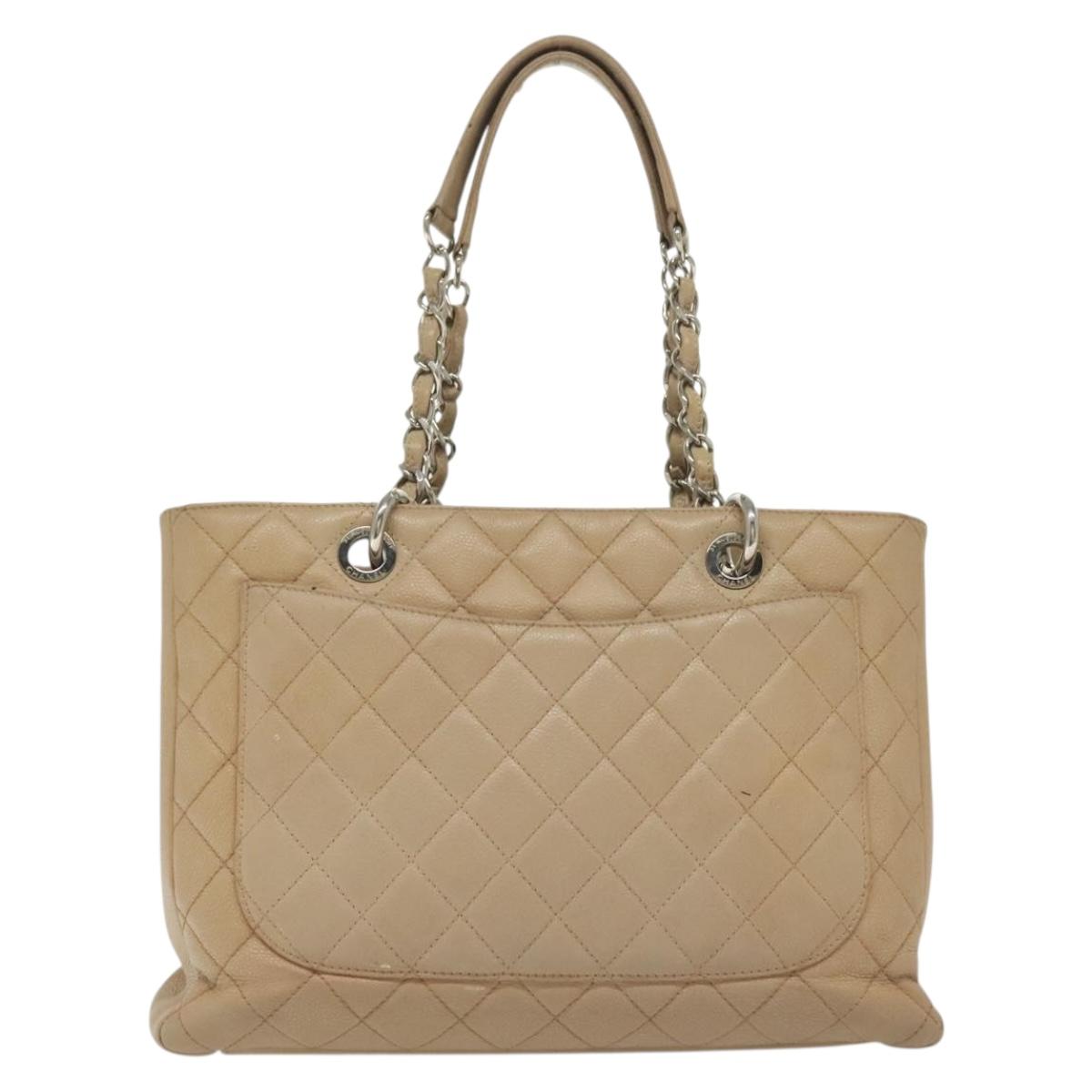 CHANEL Matelasse Chain Tote Bag Caviar Skin Beige Silver CC Auth bs28668