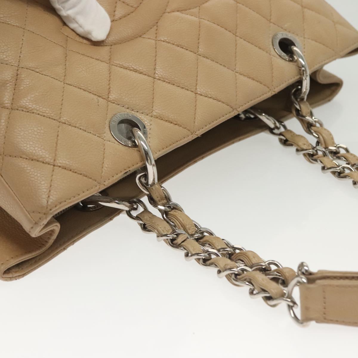 CHANEL Matelasse Chain Tote Bag Caviar Skin Beige Silver CC Auth bs28668