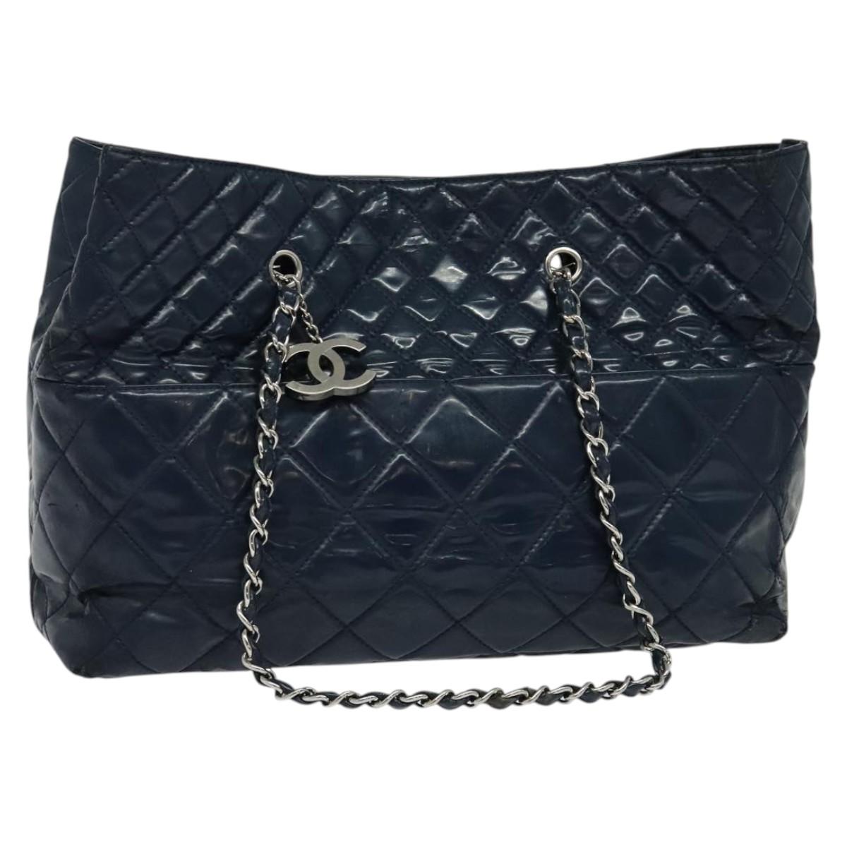 CHANEL Matelasse Chain Tote Bag Enamel Blue Silver CC Auth bs28676