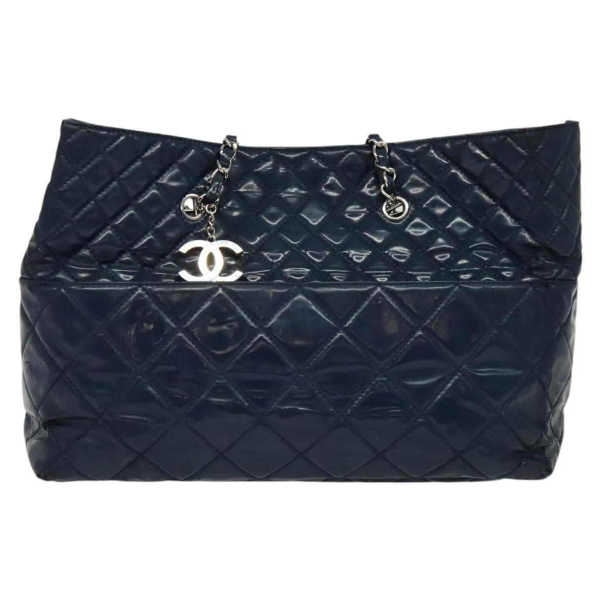 CHANEL Matelasse Chain Tote Bag Enamel Blue Silver CC Auth bs28676