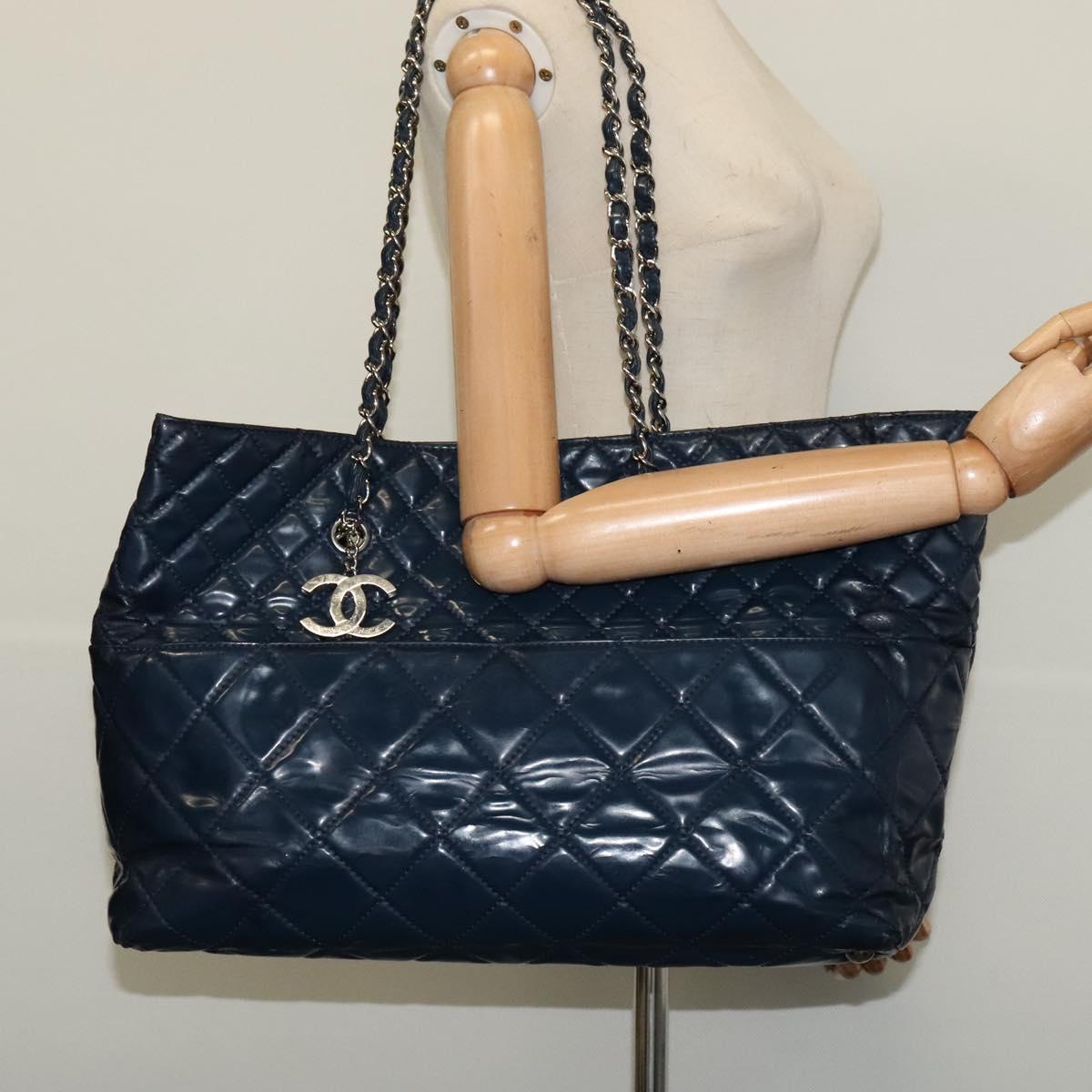 CHANEL Matelasse Chain Tote Bag Enamel Blue Silver CC Auth bs28676