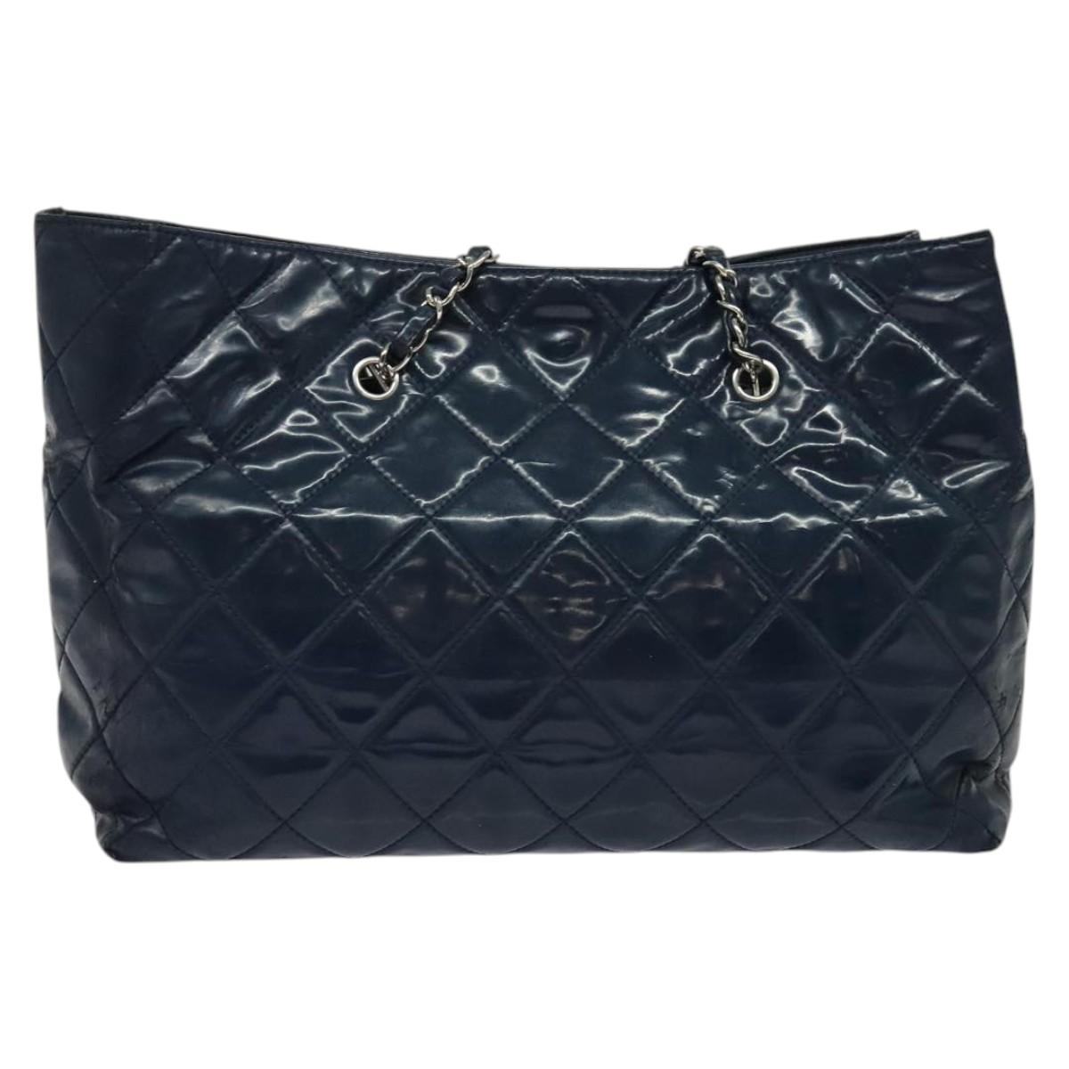 CHANEL Matelasse Chain Tote Bag Enamel Blue Silver CC Auth bs28676