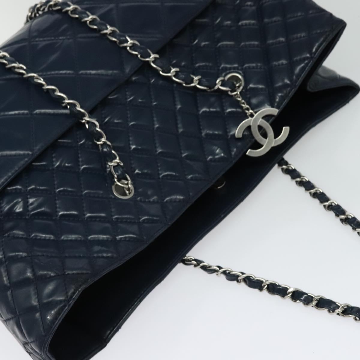 CHANEL Matelasse Chain Tote Bag Enamel Blue Silver CC Auth bs28676