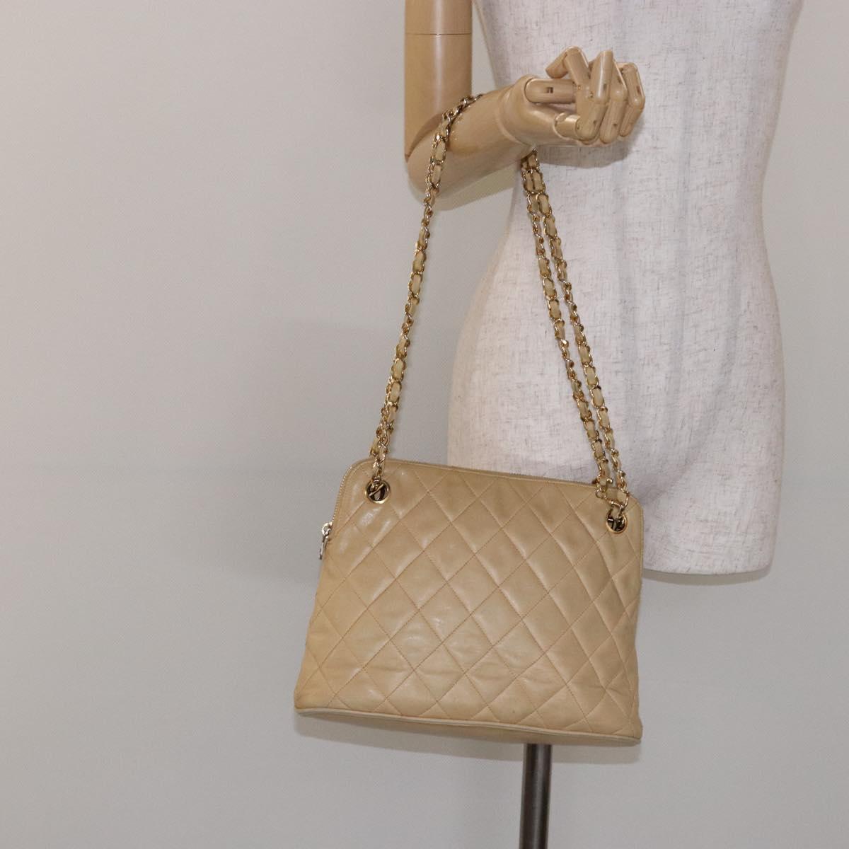 CHANEL Matelasse Chain Shoulder Bag Lamb Skin Beige Gold CC Auth bs28703