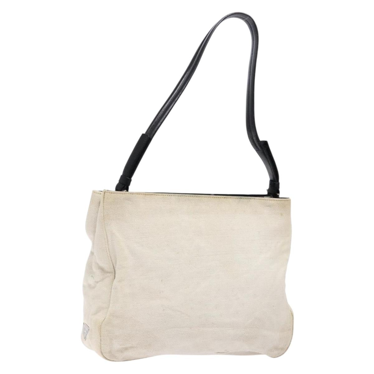 PRADA Shoulder Bag Canvas Leather Silver White Auth bs28706