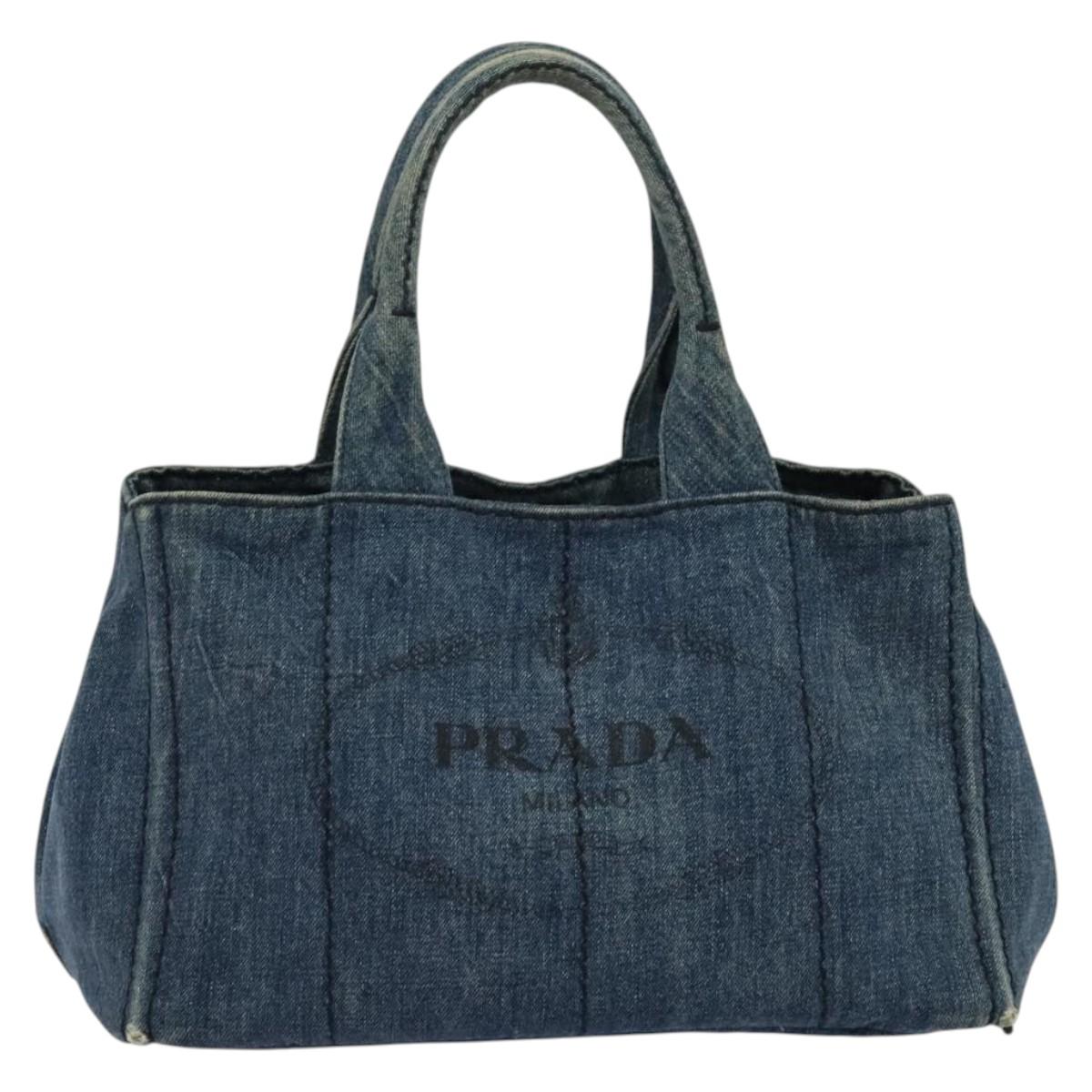 PRADA Canapa GM Hand Bag Denim Blue Gold Auth bs28707