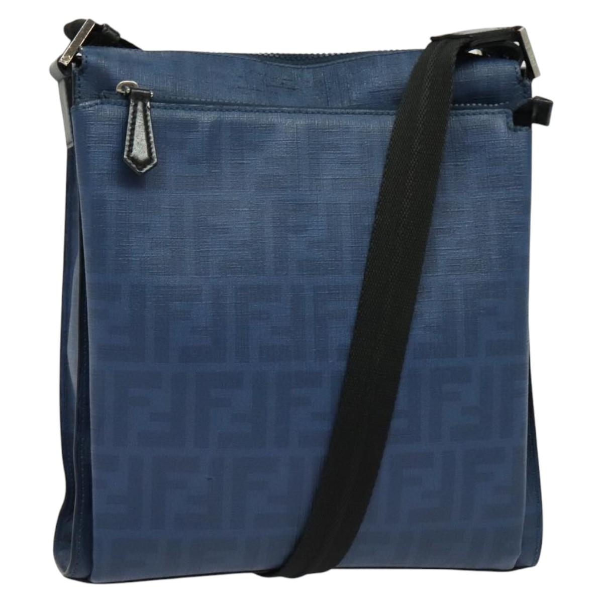 FENDI Zucca Canvas Shoulder Bag PVC Blue Silver Auth bs28711