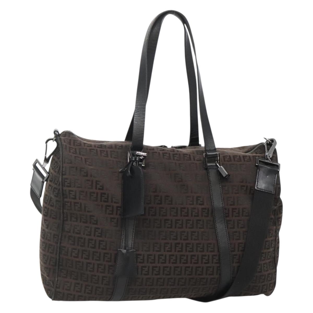 FENDI Zucchino Canvas Boston Bag 2way Brown Black Auth bs28712