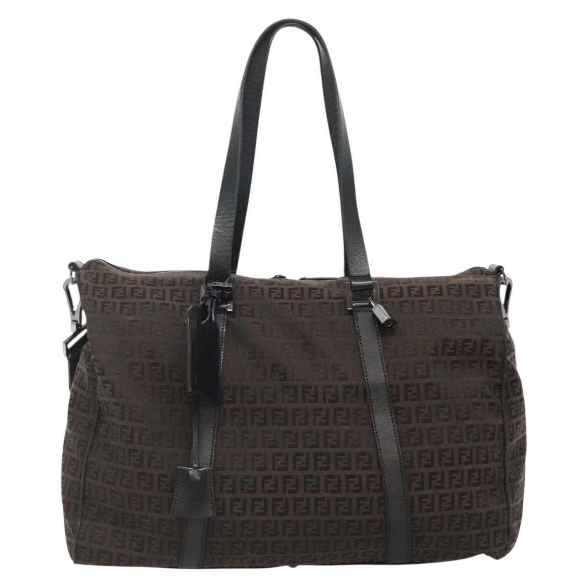 FENDI Zucchino Canvas Boston Bag 2way Brown Black Auth bs28712