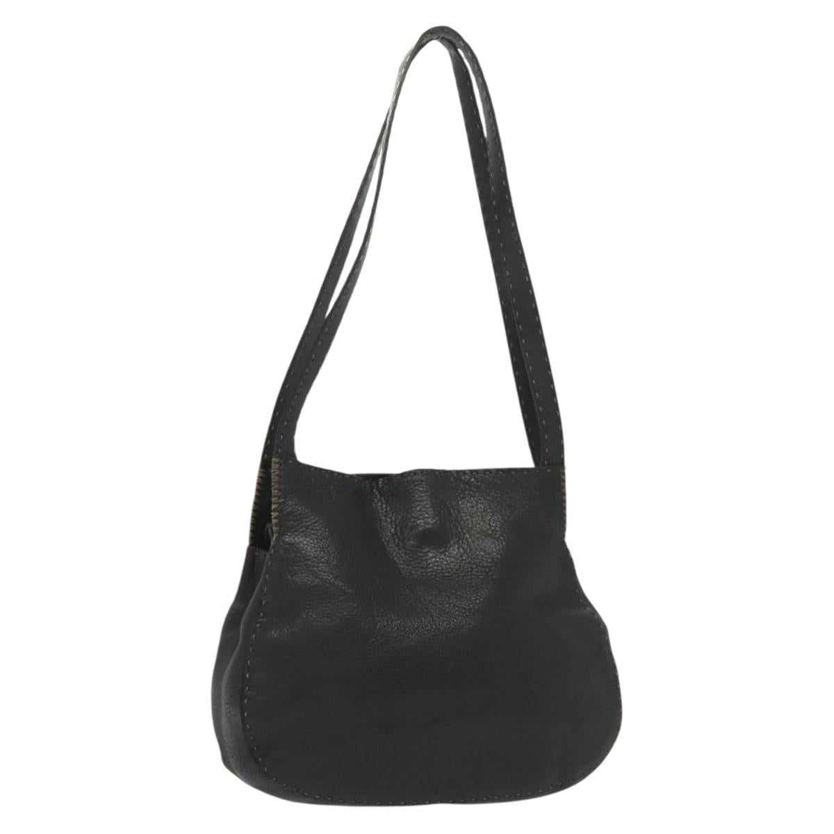 FENDI Shoulder Bag Leather Black Silver Auth bs28713