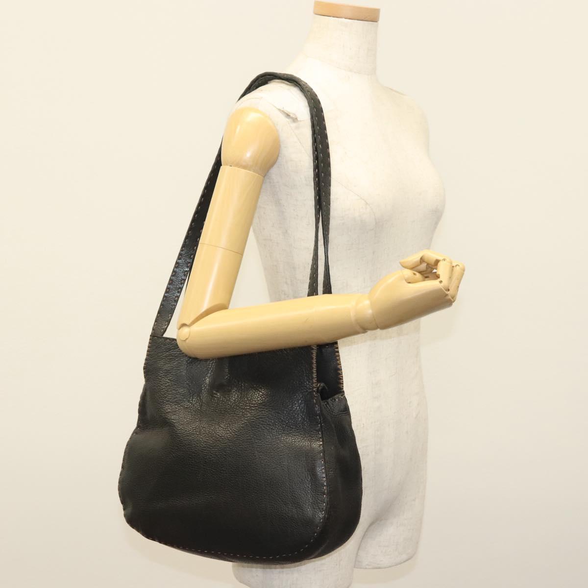 FENDI Shoulder Bag Leather Black Silver Auth bs28713