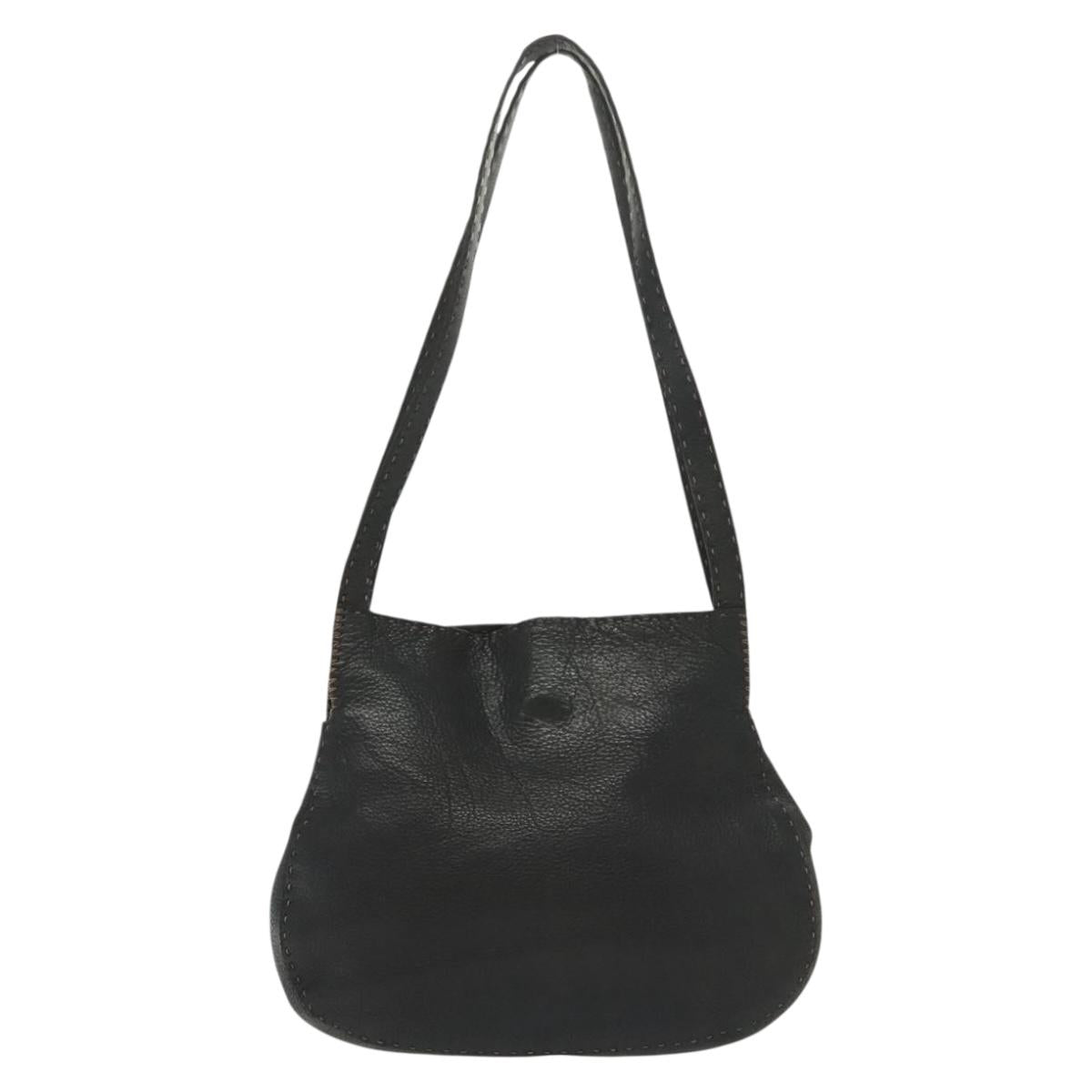FENDI Shoulder Bag Leather Black Silver Auth bs28713